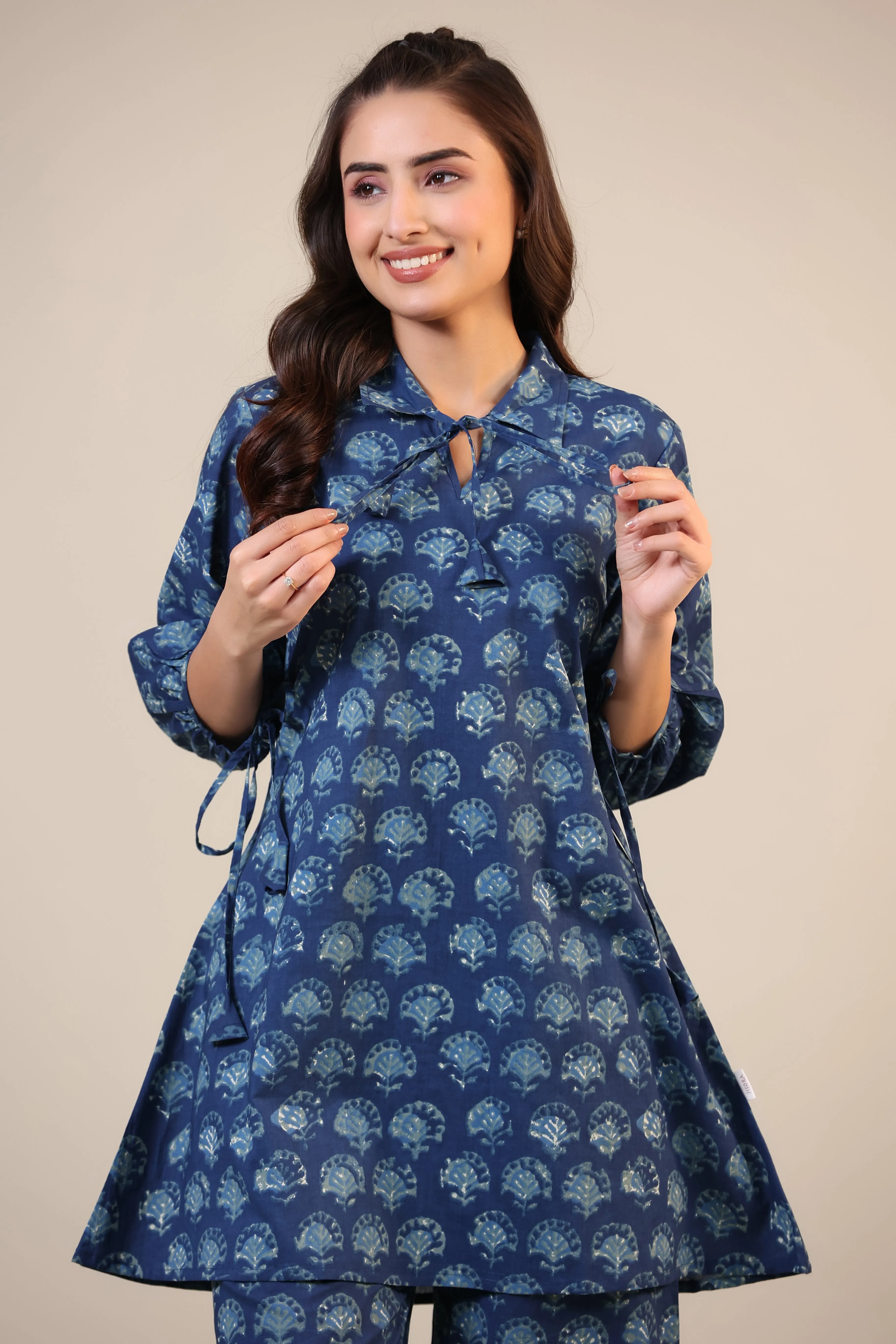 Stamped Motifs on Blue Collared Cotton Loungewear Set