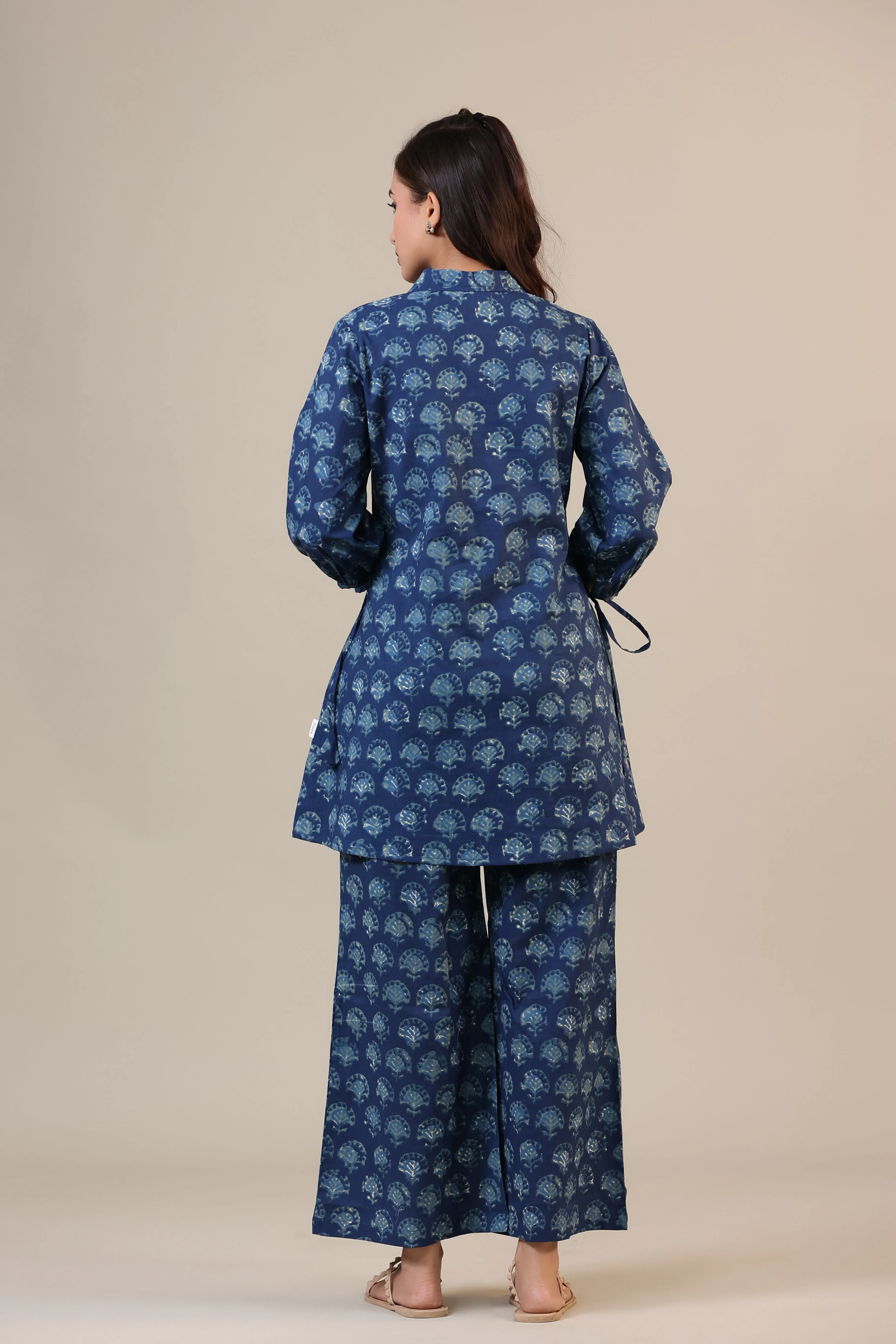 Stamped Motifs on Blue Collared Cotton Loungewear Set