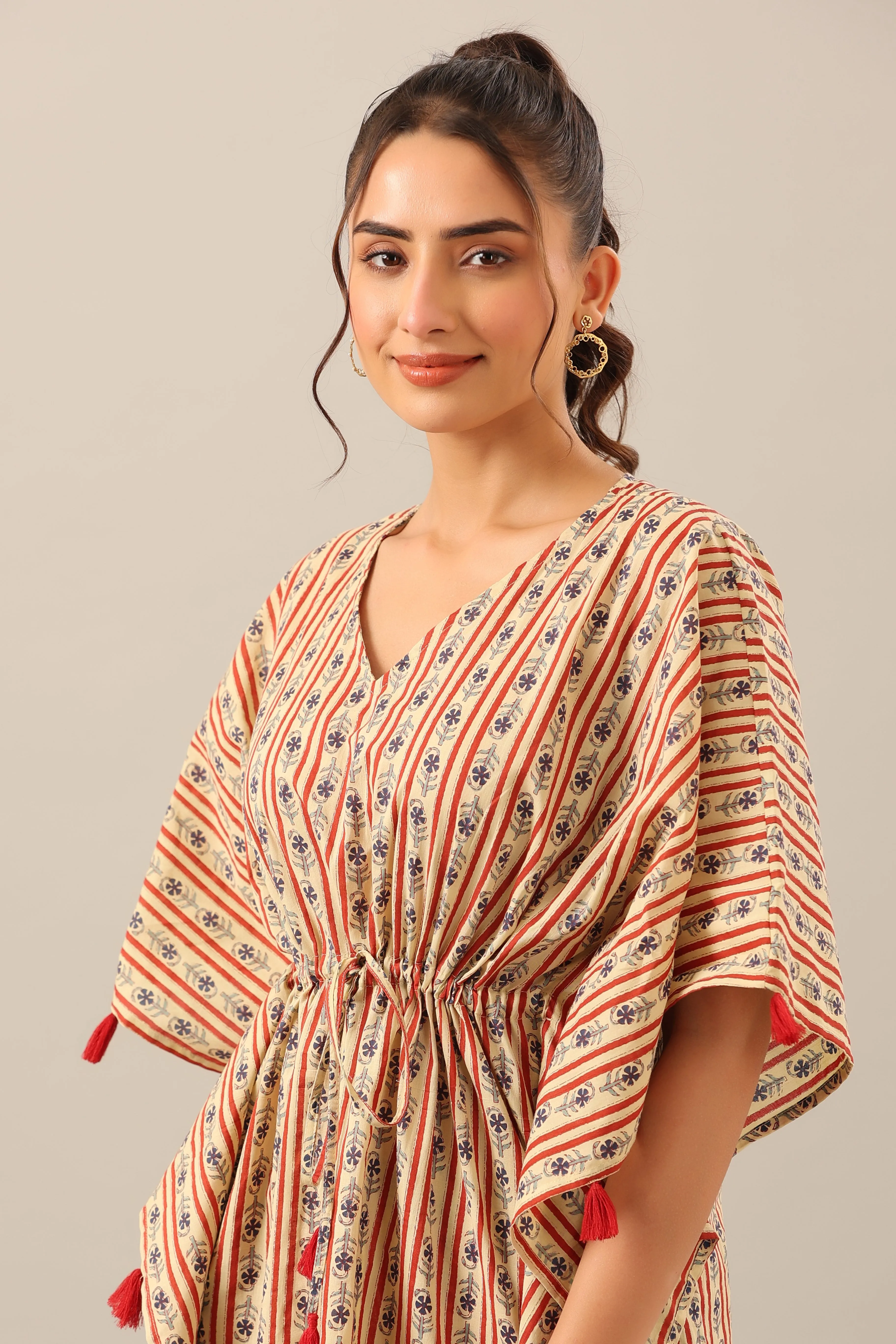 Stripe Florals  on Beige cotton Kaftan Pajama Set