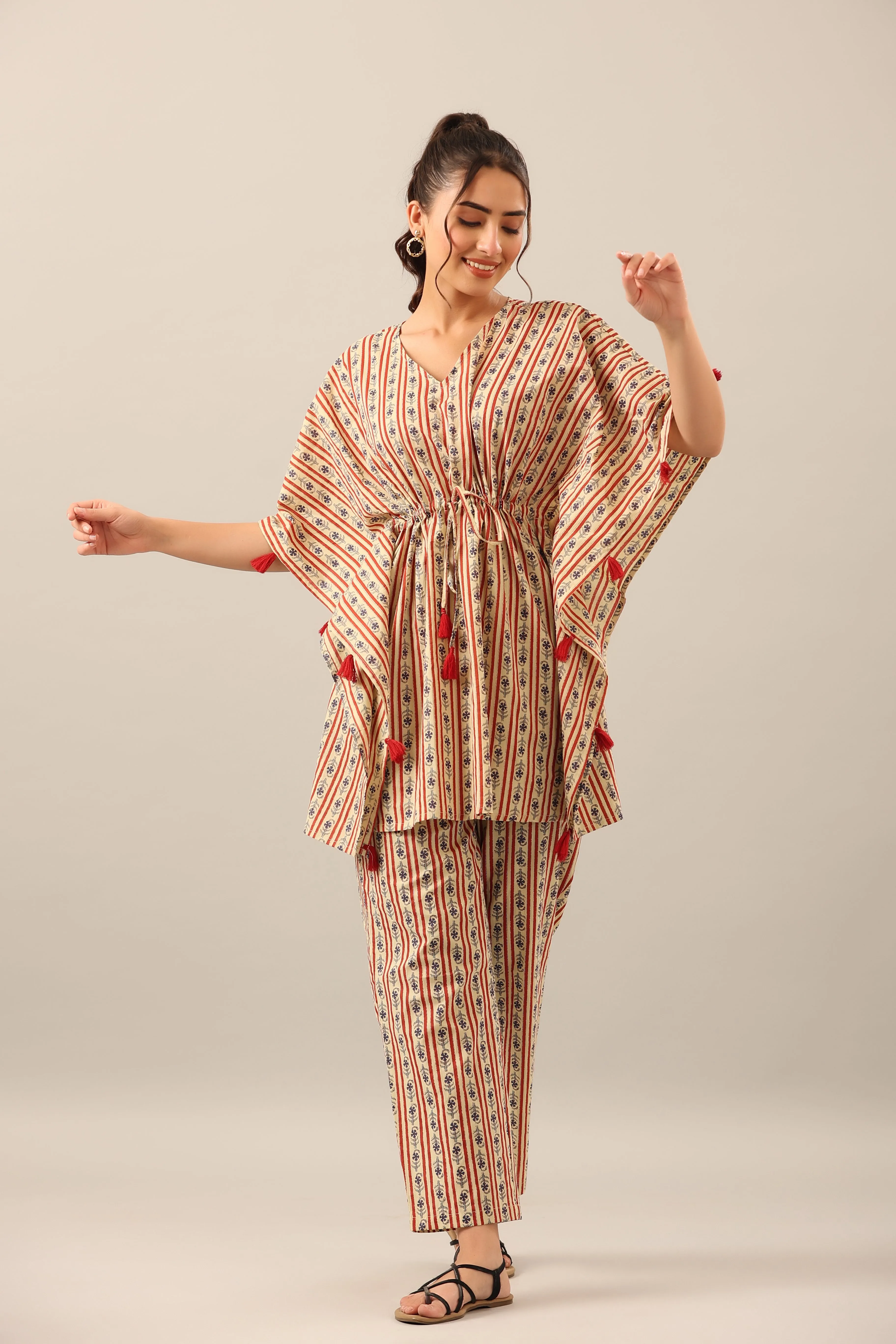 Stripe Florals  on Beige cotton Kaftan Pajama Set