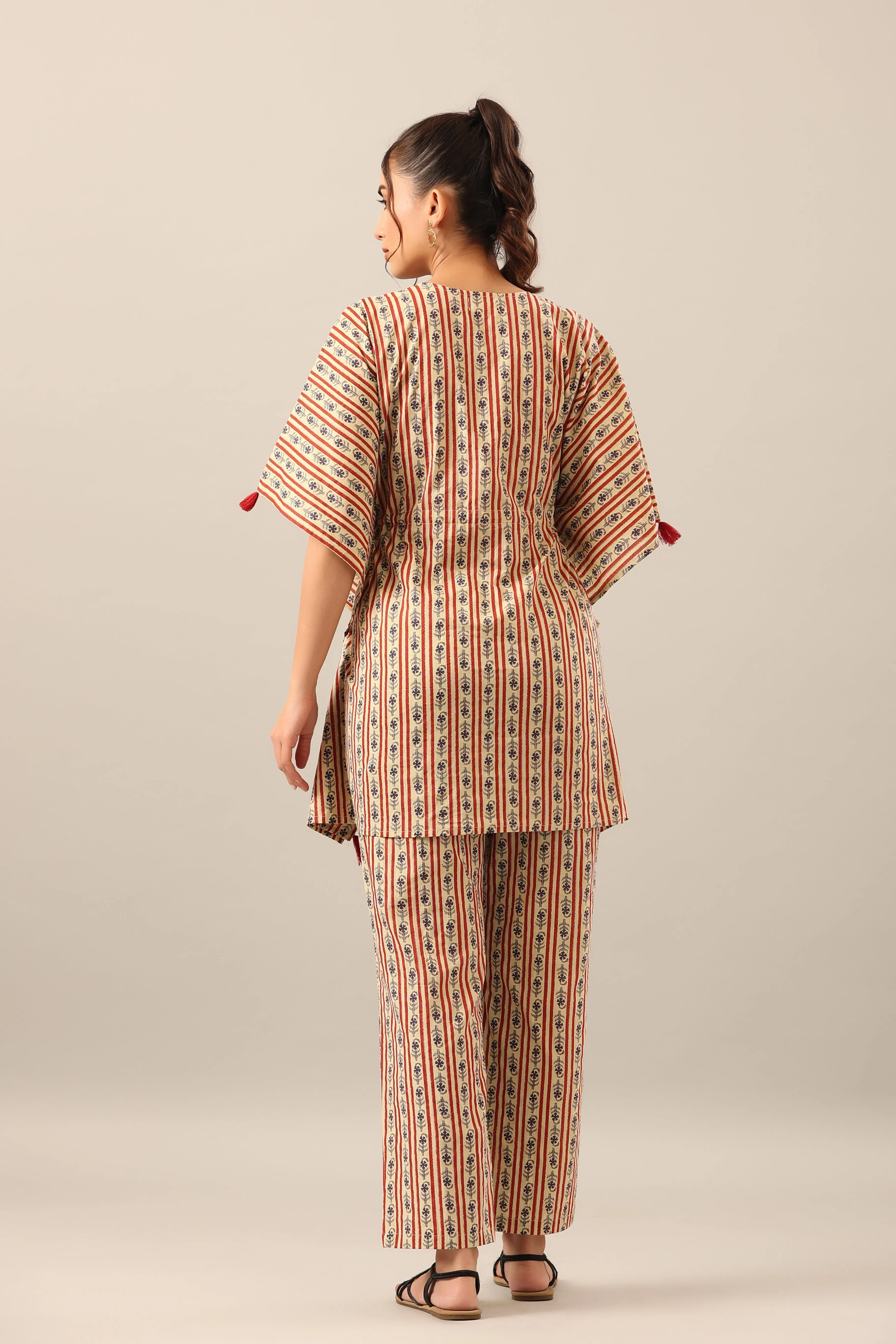 Stripe Florals  on Beige cotton Kaftan Pajama Set