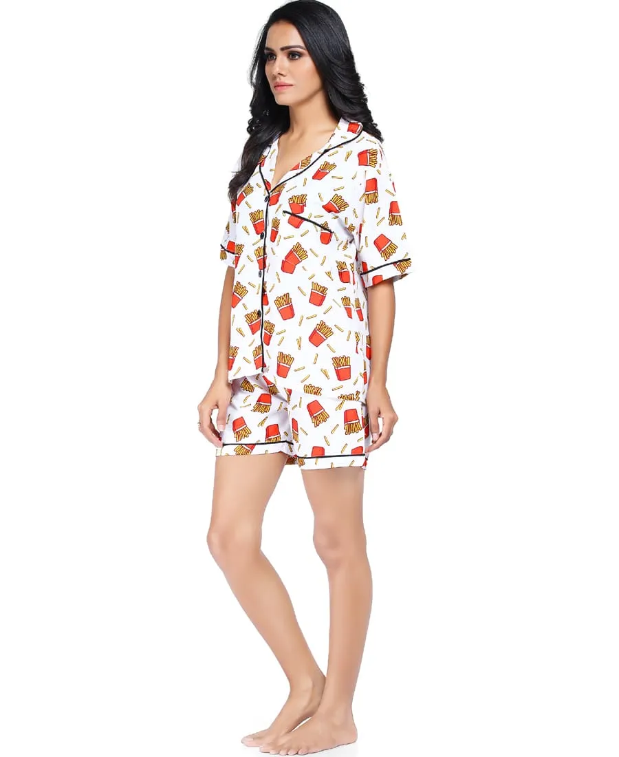 SXV Women's Cotton Printed Night Suit Pyjama Set : French Fries