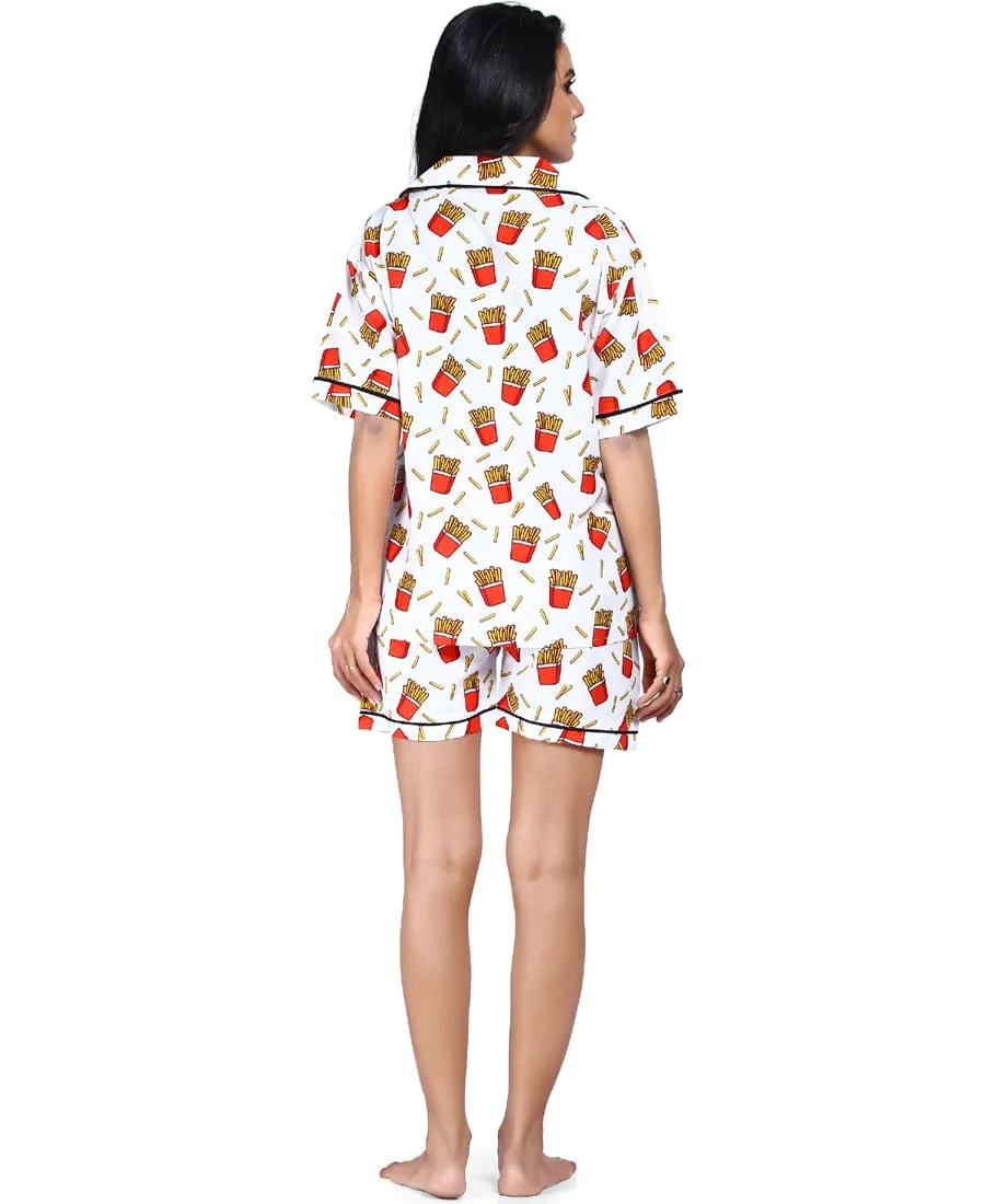 SXV Women's Cotton Printed Night Suit Pyjama Set : French Fries