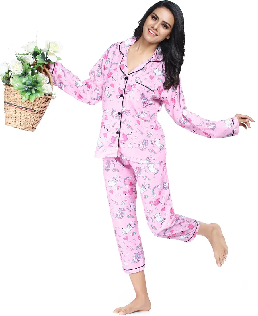 SXV Women's Cotton Printed Night Suit Pyjama Set : Unicorn & Flamingo (Lowest price - non returnable)