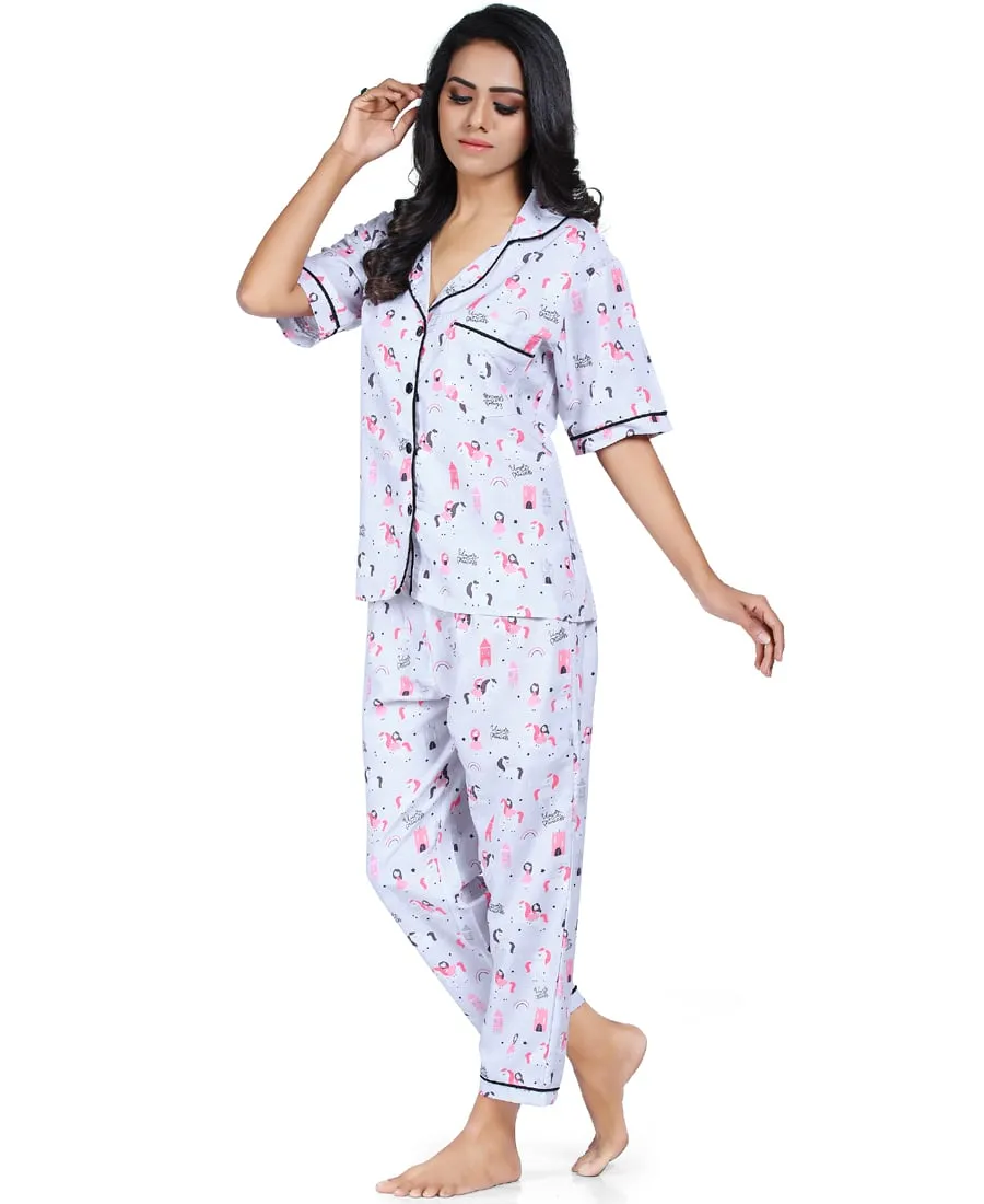 SXV Women's Cotton Printed Night Suit Pyjama Set : Unicorn Princess (Lowest price - non returnable)