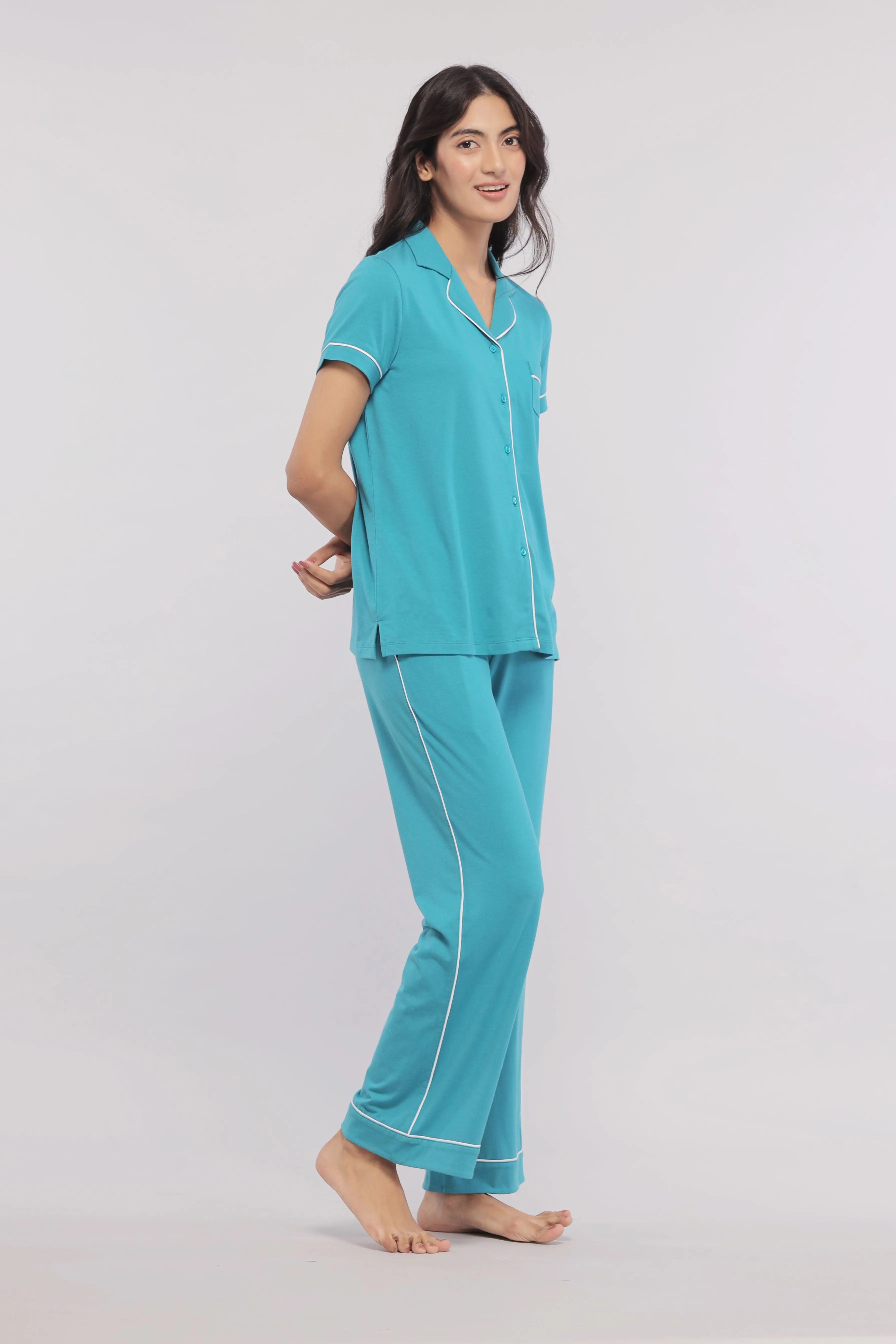 Teal Half Sleeve Button Down Pajama Set