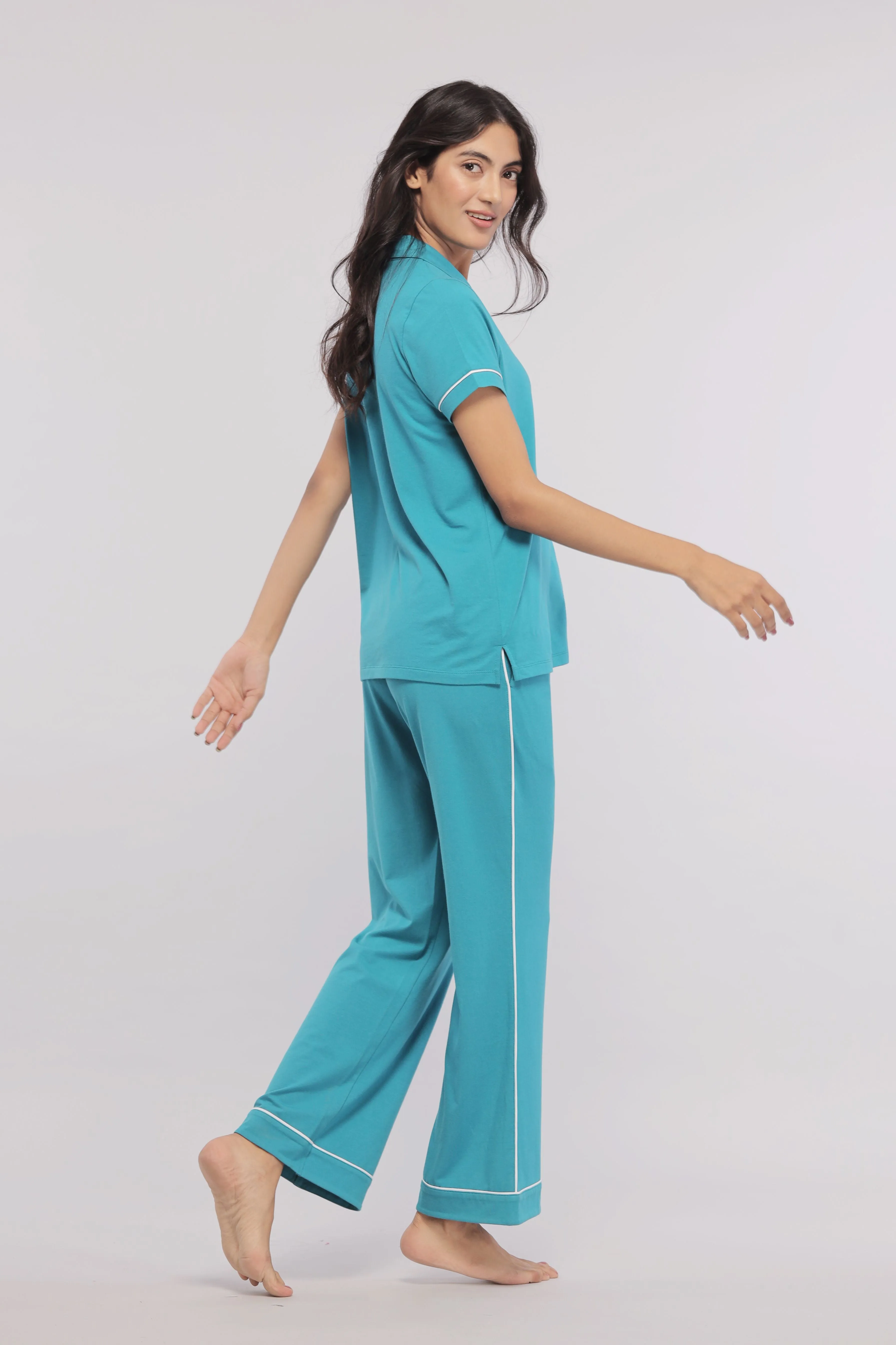 Teal Half Sleeve Button Down Pajama Set