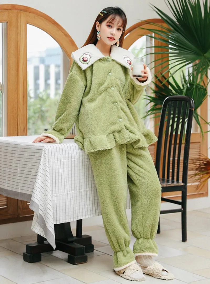 THICKENED AVOCADO GREEN TWO-PIECE SUIT PAJAMAS