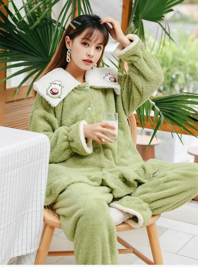 THICKENED AVOCADO GREEN TWO-PIECE SUIT PAJAMAS