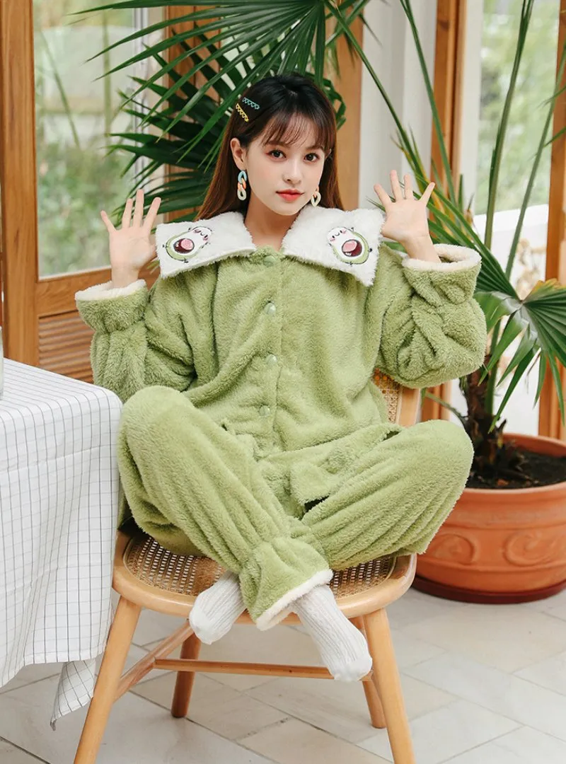 THICKENED AVOCADO GREEN TWO-PIECE SUIT PAJAMAS