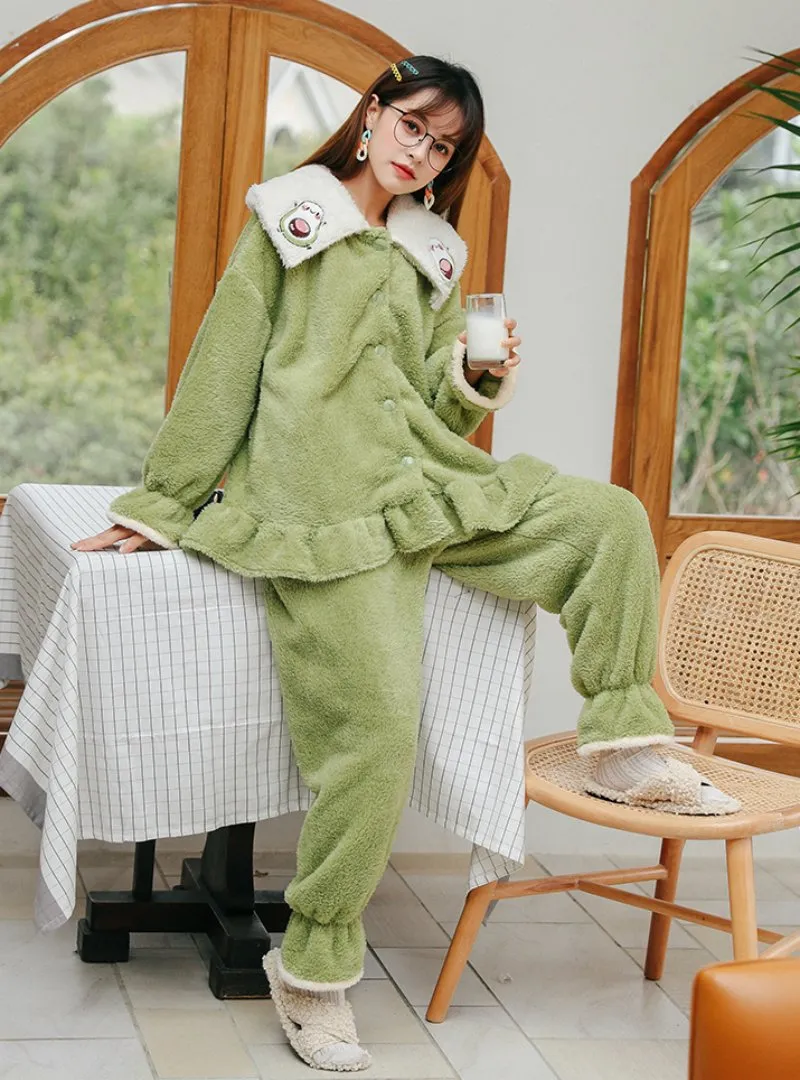 THICKENED AVOCADO GREEN TWO-PIECE SUIT PAJAMAS