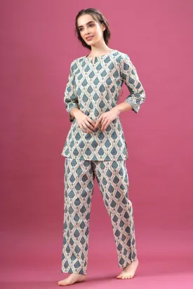 Traditional Motif on Off-white Loungewear Top Set