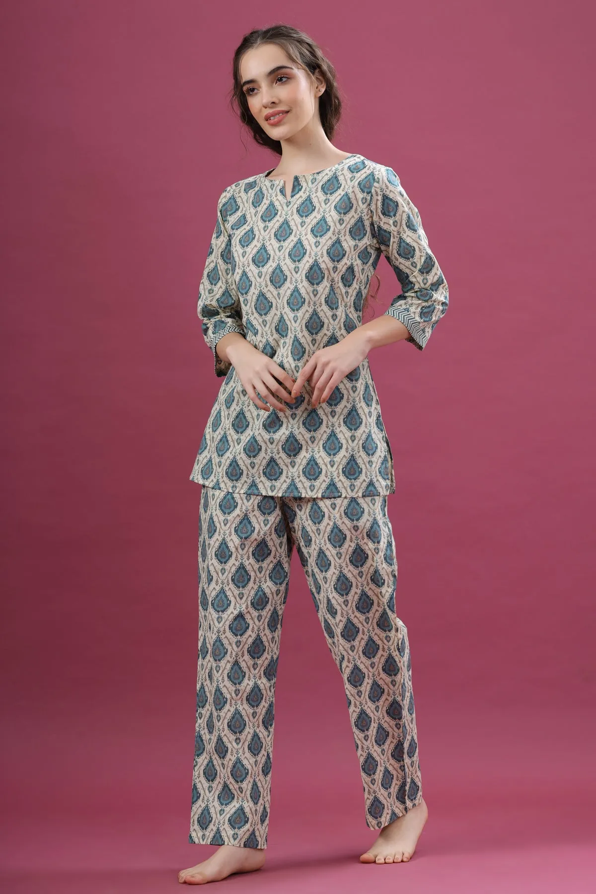 Traditional Motif on Off-white Loungewear Top Set