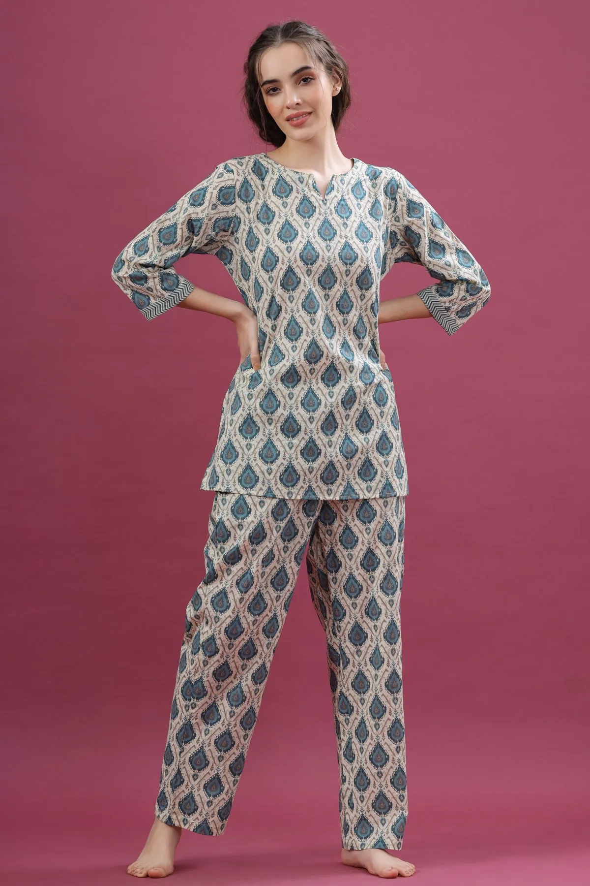 Traditional Motif on Off-white Loungewear Top Set