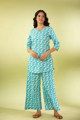 Turquoise  Vine on White Cotton Loungewear Set