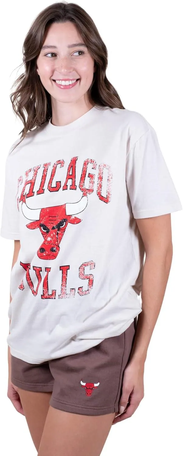 Ultra Game NBA Official Women's Super Soft T-Shirt & Short Set, Chicago Bulls, White|Chicago Bulls