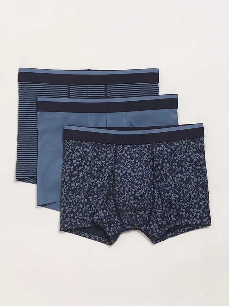 WES Lounge Blue Printed Cotton Trunks - Pack of 3