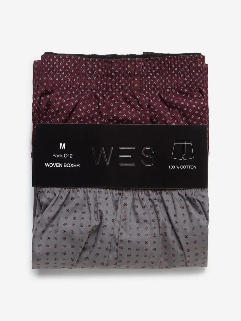 WES Lounge Burgundy Relaxed-Fit Boxers Two Pack