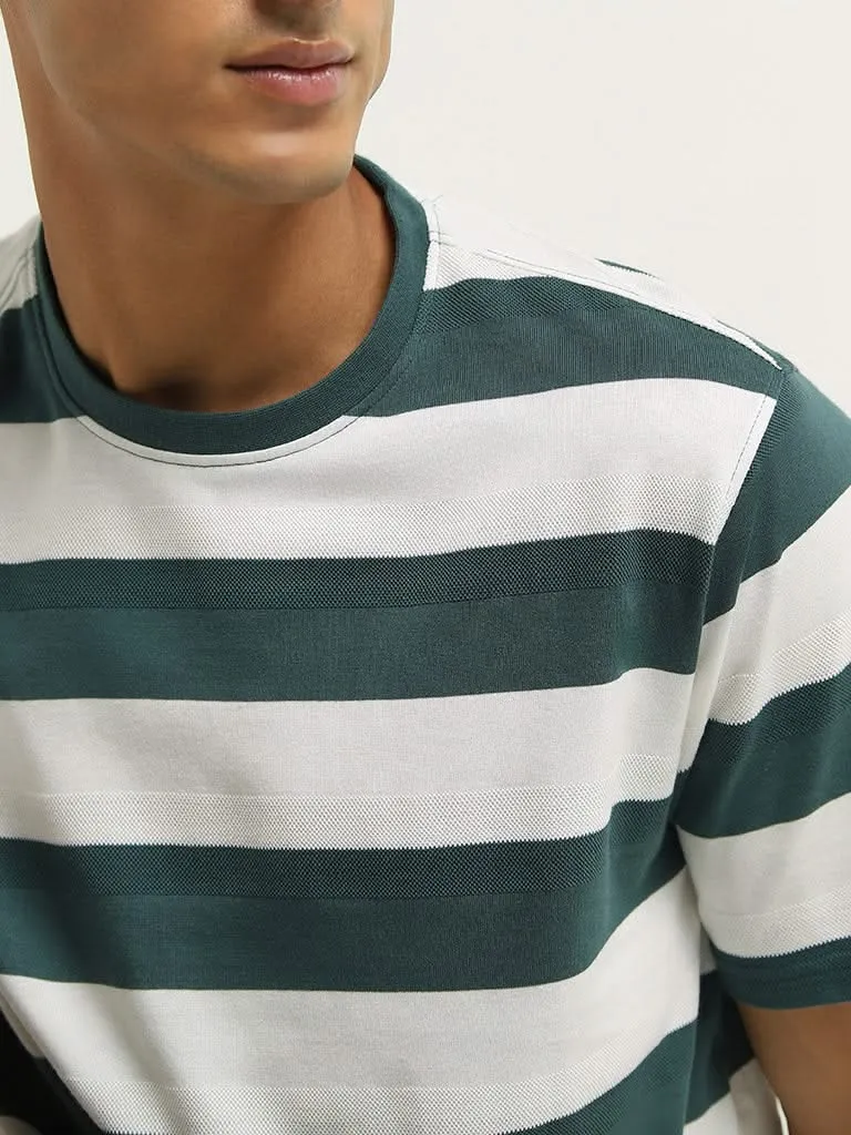 WES Lounge Green Striped Cotton Blend Relaxed Fit T-Shirt