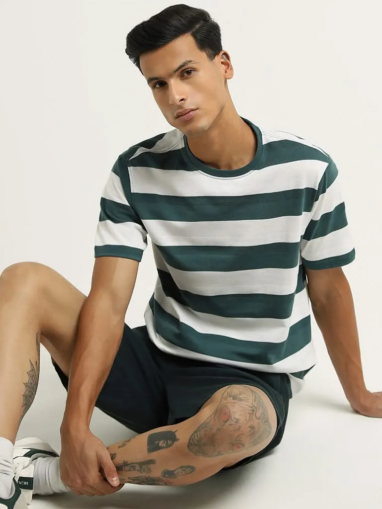 WES Lounge Green Striped Cotton Blend Relaxed Fit T-Shirt