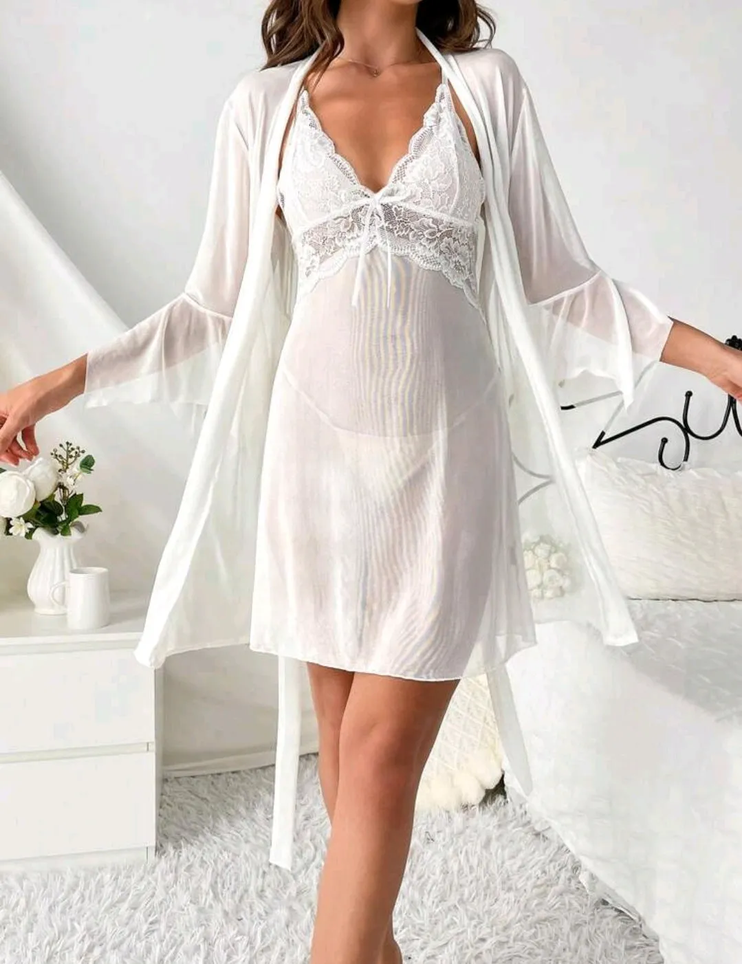 White Chiffon 2 Piece Night Dress Set