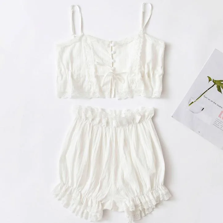 White Pearl Lace 2 Piece Top Short Pajama Set SD00426