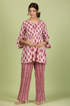 Wine Daabu Print on Maternity Feeding Peplum Lounge Set