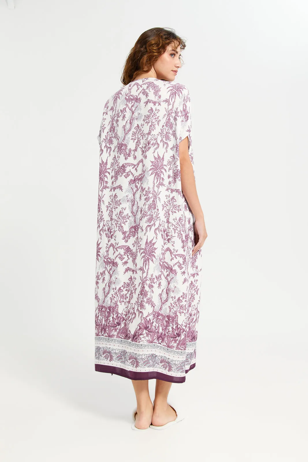 Women Burgundy Printed Kaftan Nightgown