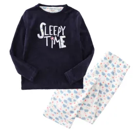 Women Long Sleeve Coral Fleece Christmas Navy/Aop Blue Cloud Pajamas Set