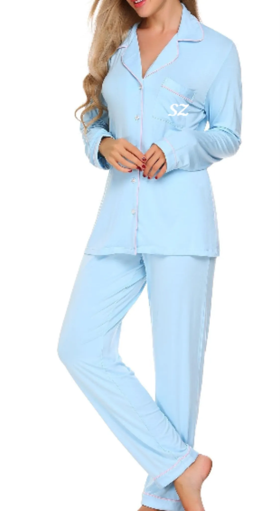 Women's cotton pajamas ,Long Sleeve -Blue Comfortable Pajama set,Women's nightwear.