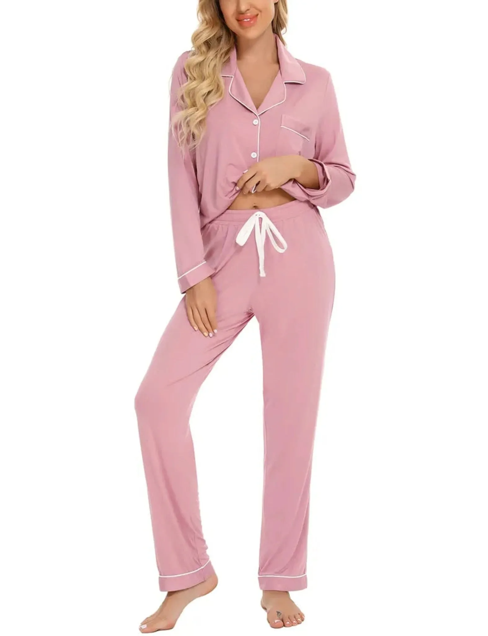 Women's cotton pajamas -Long Sleeve Comfortable pink pajama set-Women's nightwear