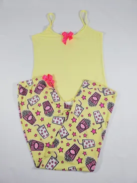 Women's Pajama set yellow pants stars and popcorn theme yellow blouse