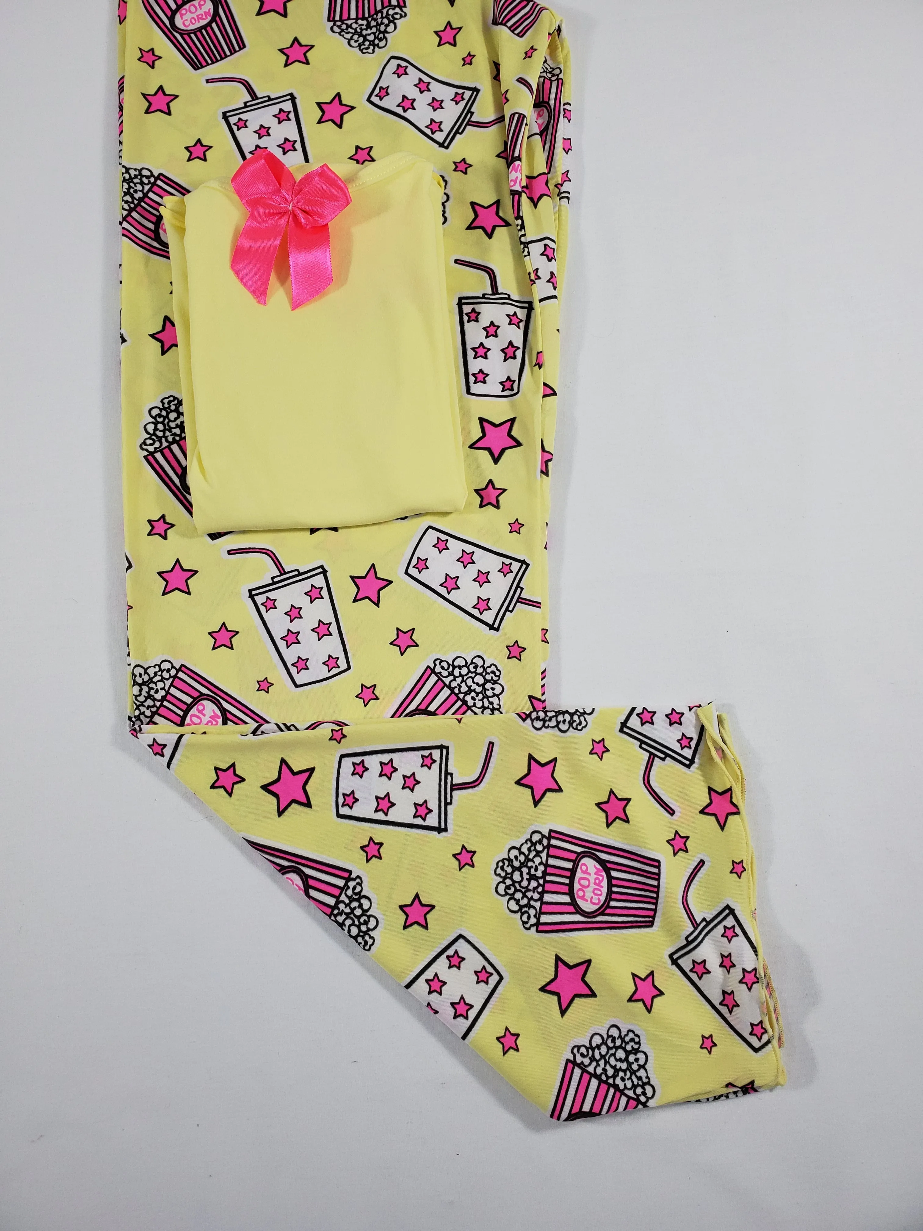 Women's Pajama set yellow pants stars and popcorn theme yellow blouse