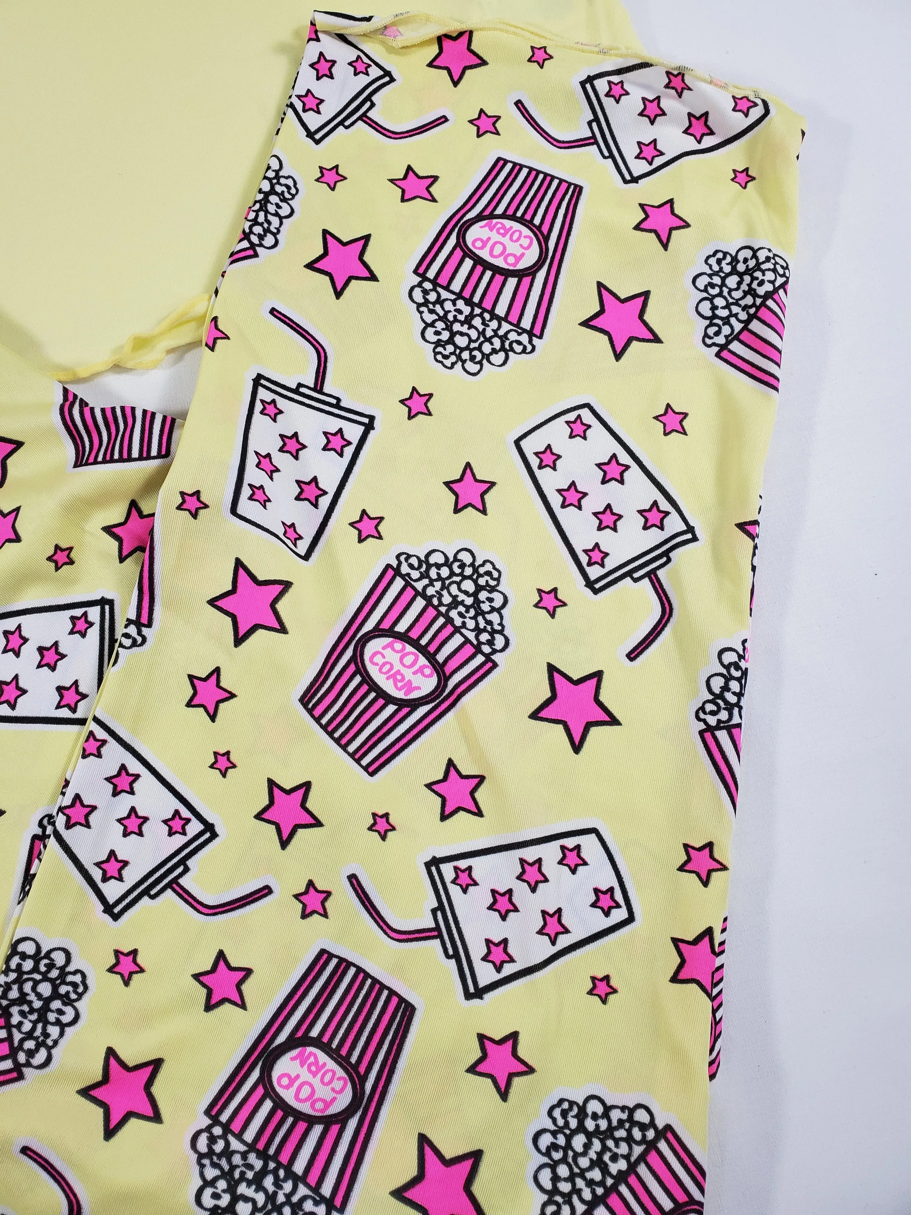 Women's Pajama set yellow pants stars and popcorn theme yellow blouse