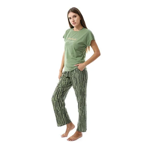 Women's summer pajama Printed cotton T-shirt and viscose pants-olive