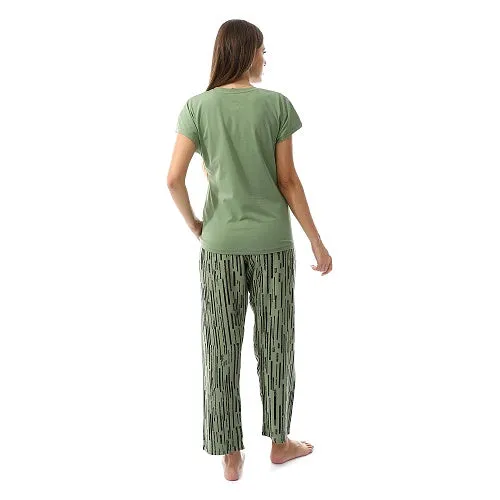 Women's summer pajama Printed cotton T-shirt and viscose pants-olive