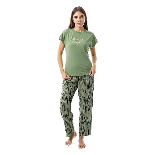 Women's summer pajama Printed cotton T-shirt and viscose pants-olive