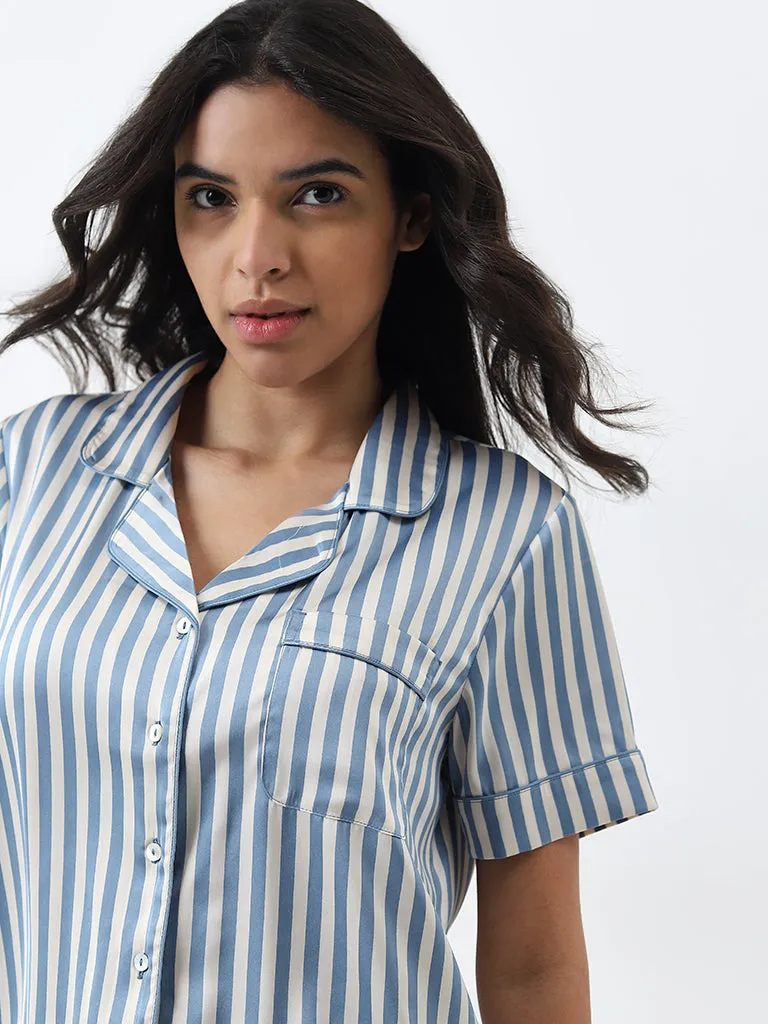 Wunderlove Blue Striped Shirt with High-Rise Shorts Set