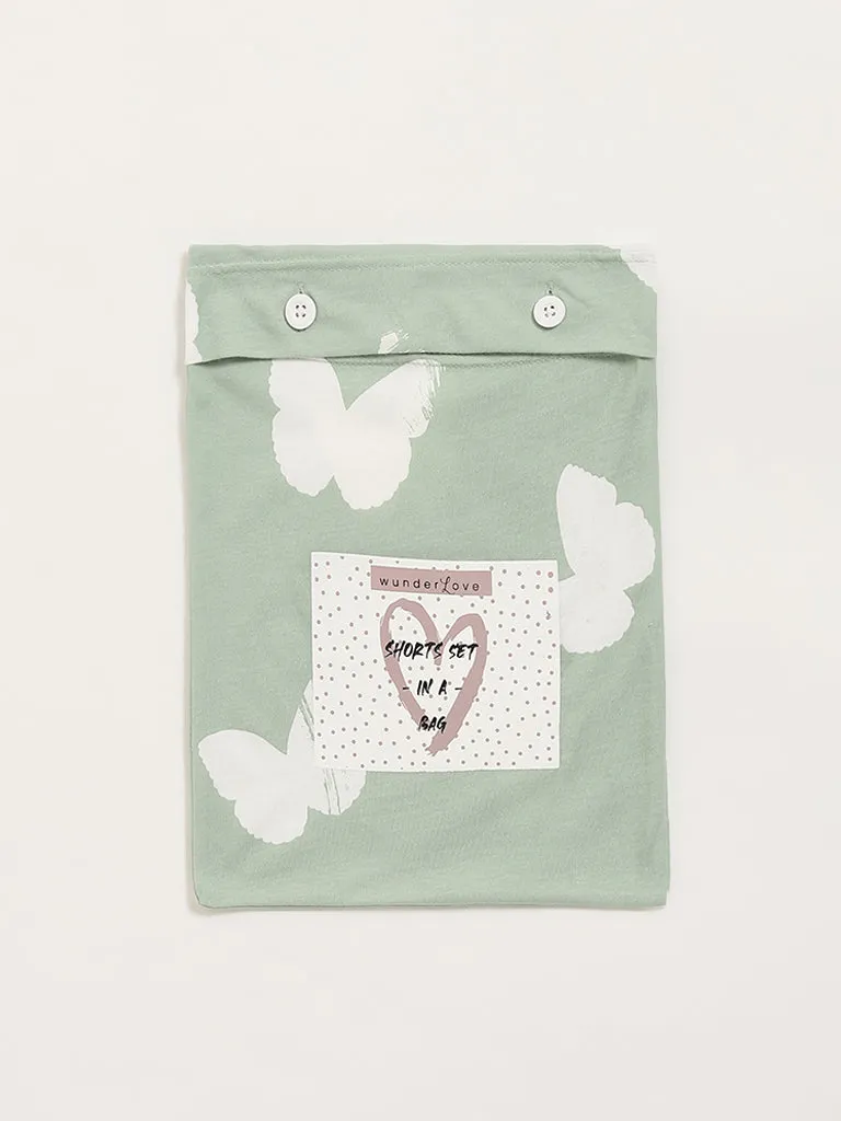 Wunderlove Green Butterfly Cotton Shorts Set In a Bag