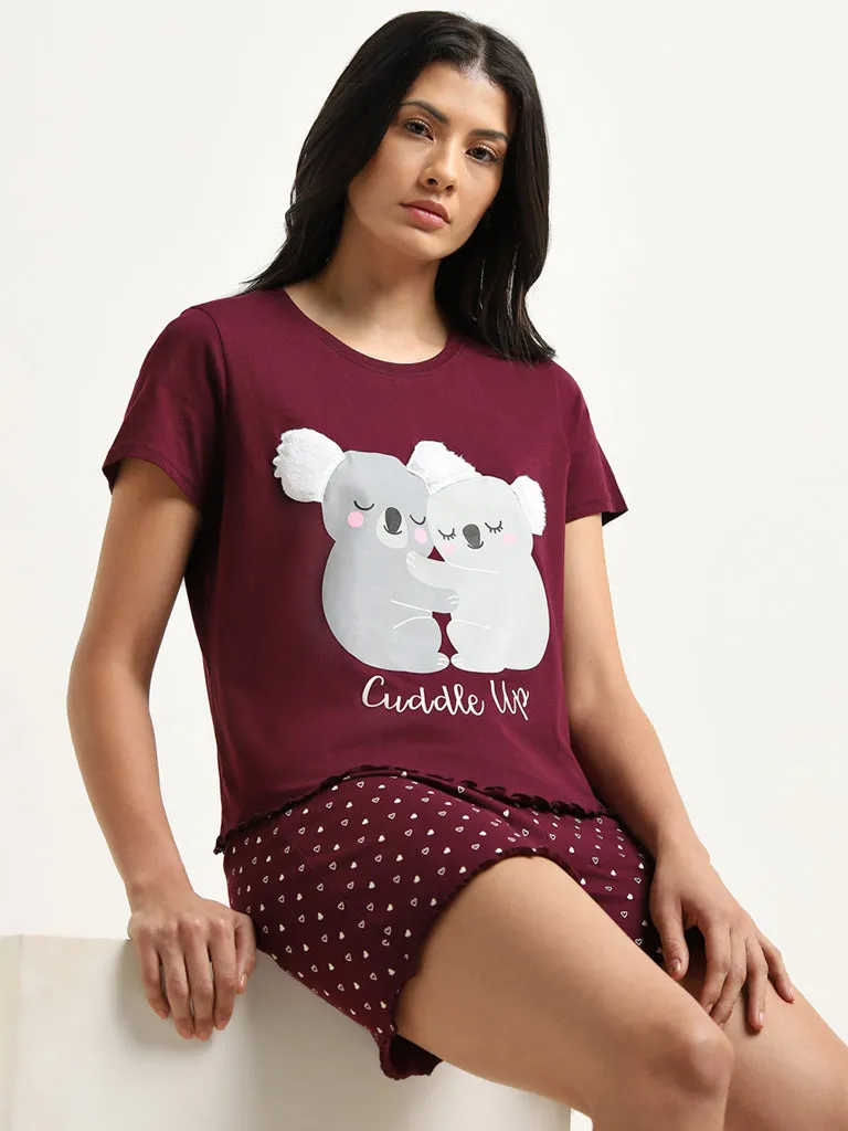 Wunderlove Wine Koala Design Cotton Shorts Set In A Bag