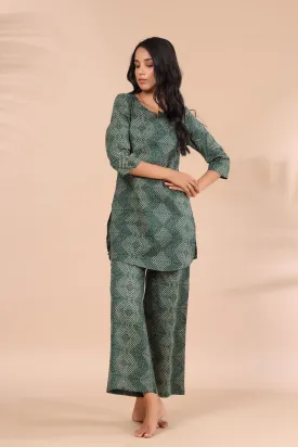 Zig-Zag Bhandani on Green Loungewear Top Set