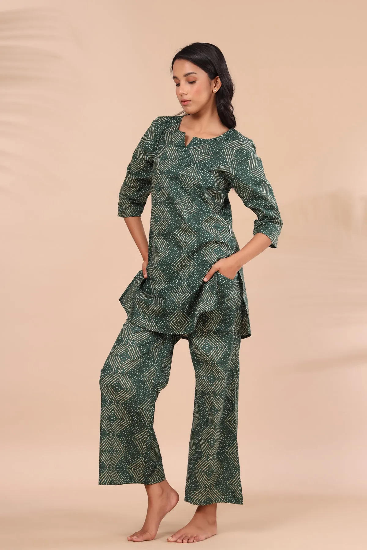 Zig-Zag Bhandani on Green Loungewear Top Set